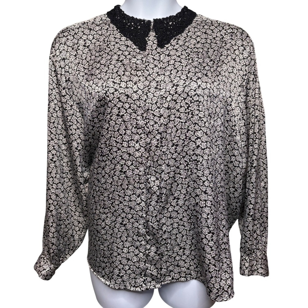 VTG 90s CALI Womens Black Floral Lace Collar Button Up Blouse 22W Romantic Chic